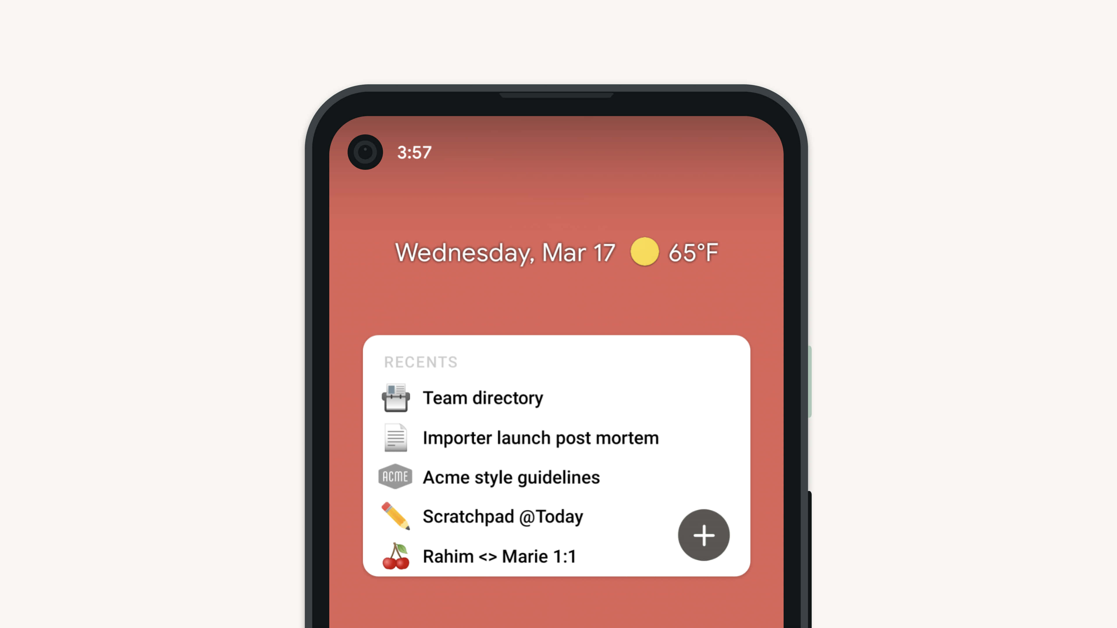 App 桌布 壁紙 — 一支智慧型手機在溫暖的珊瑚色背景上顯示乾淨的應用程式介面，包含最近的文件和訊息。