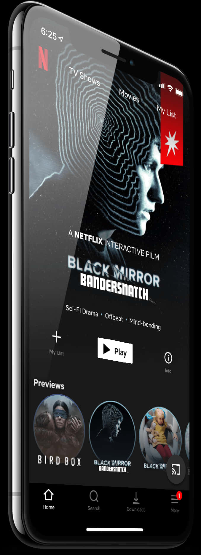 Netflix Logo 桌布 壁紙 — 一支智慧型手機顯示Netflix應用程式，帶有《黑鏡：潘達斯奈基》互動電影的封面藝術，以螺旋圖案為背景，呈現一名男子的側面輪廓。