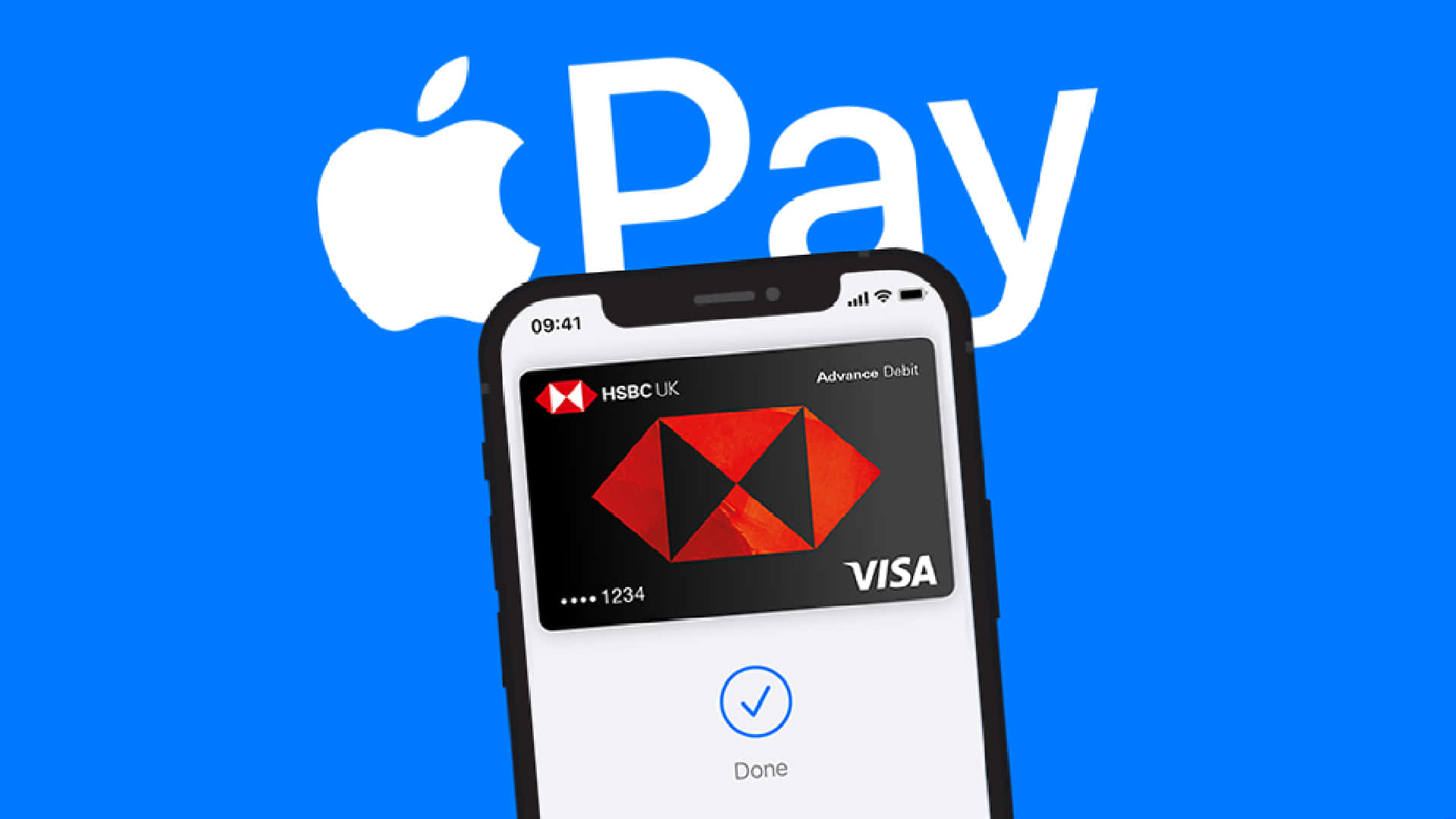 標誌 桌布 壁紙 — 一支智慧型手機顯示正在將HSBC UK Visa卡加入Apple Pay，背景為鮮藍色並帶有Apple Pay標誌。