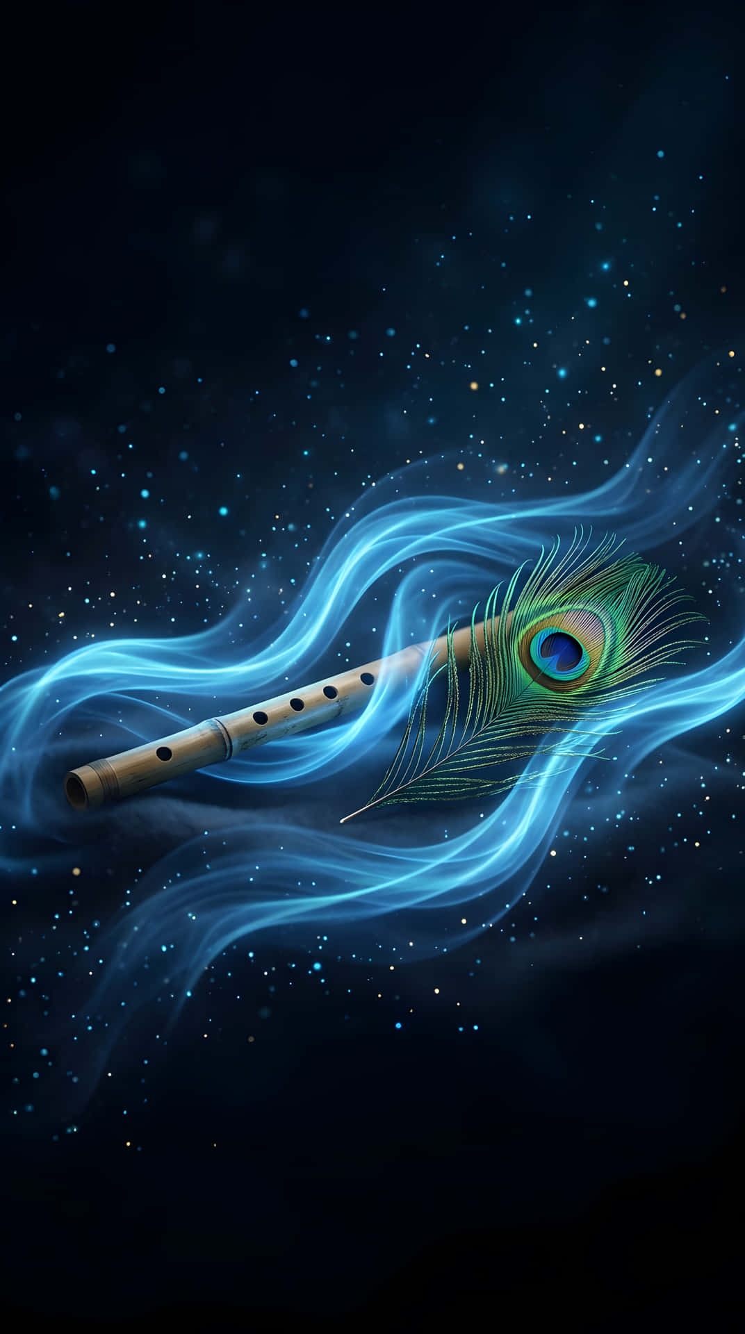 Divine Bansuri and Peacock Feather on Mystical Blue Background with Glowing Energy Particles 壁紙 — 一支木笛和虹彩孔雀羽毛在閃耀的藍色能量中旋轉，背景是繁星點點的宇宙夜空。
