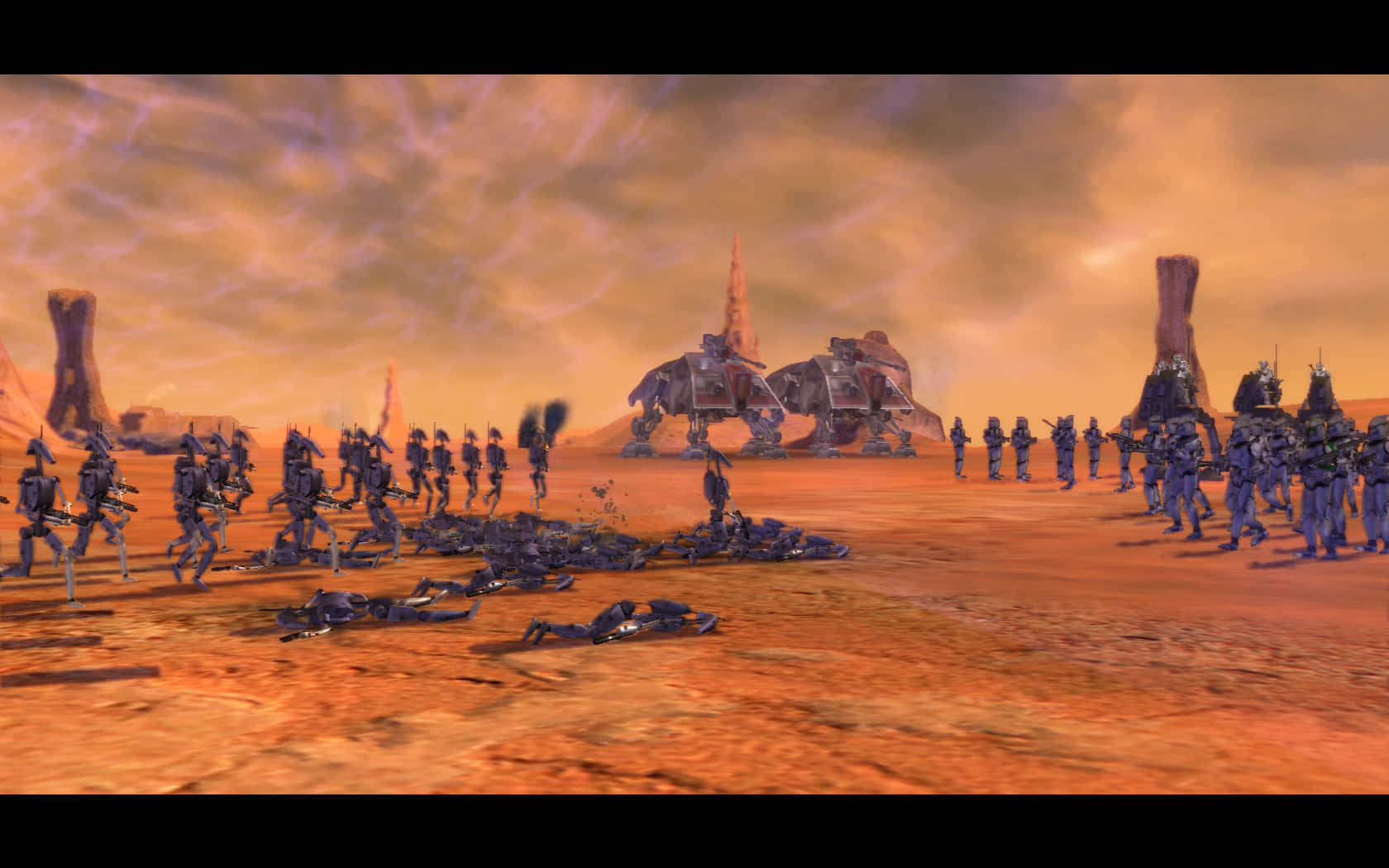 The Battle Of Geonosis 桌布 壁紙 — 一支未來軍隊在風暴天空下穿越荒涼的橙色外星戰場，遠處有高聳的機械步行者。