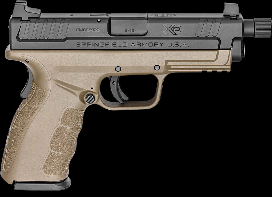 Weapons 桌布 壁紙 — 一支棕褐色和黑色的 Springfield Armory XD 9x19 手槍，在純黑色背景上以側面輪廓展示。