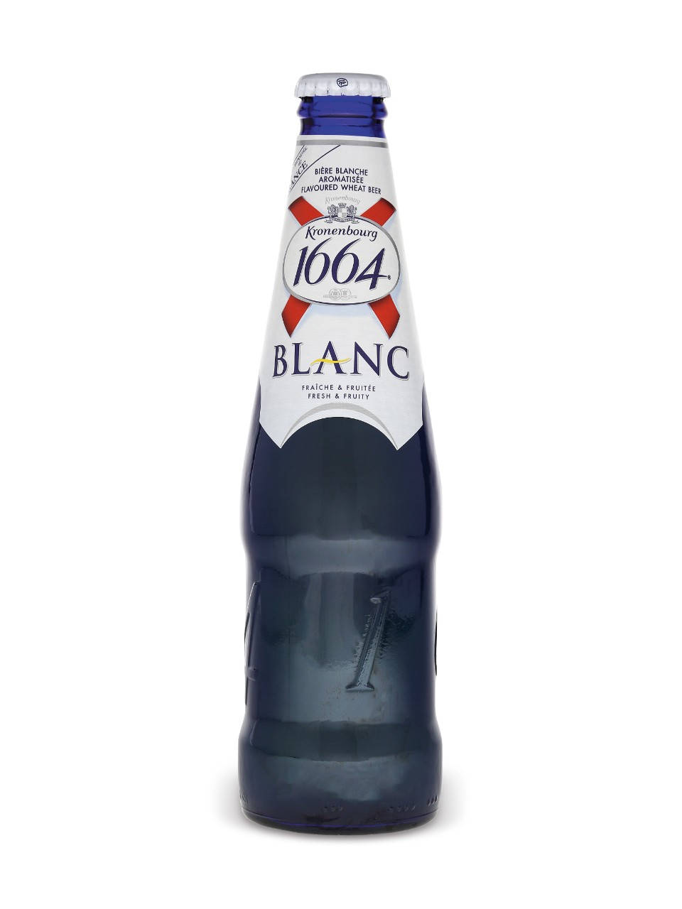 Beer Bottle 桌布 壁紙 — 一支流線型的藍色玻璃 Kronenbourg 1664 Blanc 啤酒瓶，孤立在純白色背景上。