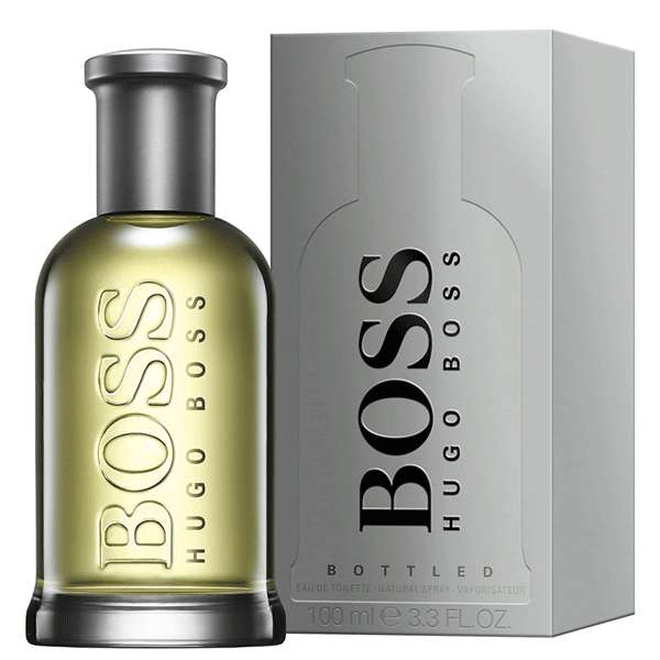 品牌 桌布 壁紙 — 一支流線型的銀色Hugo Boss Bottled香水瓶，旁邊放著與之匹配的簡約盒子，背景是純白色。