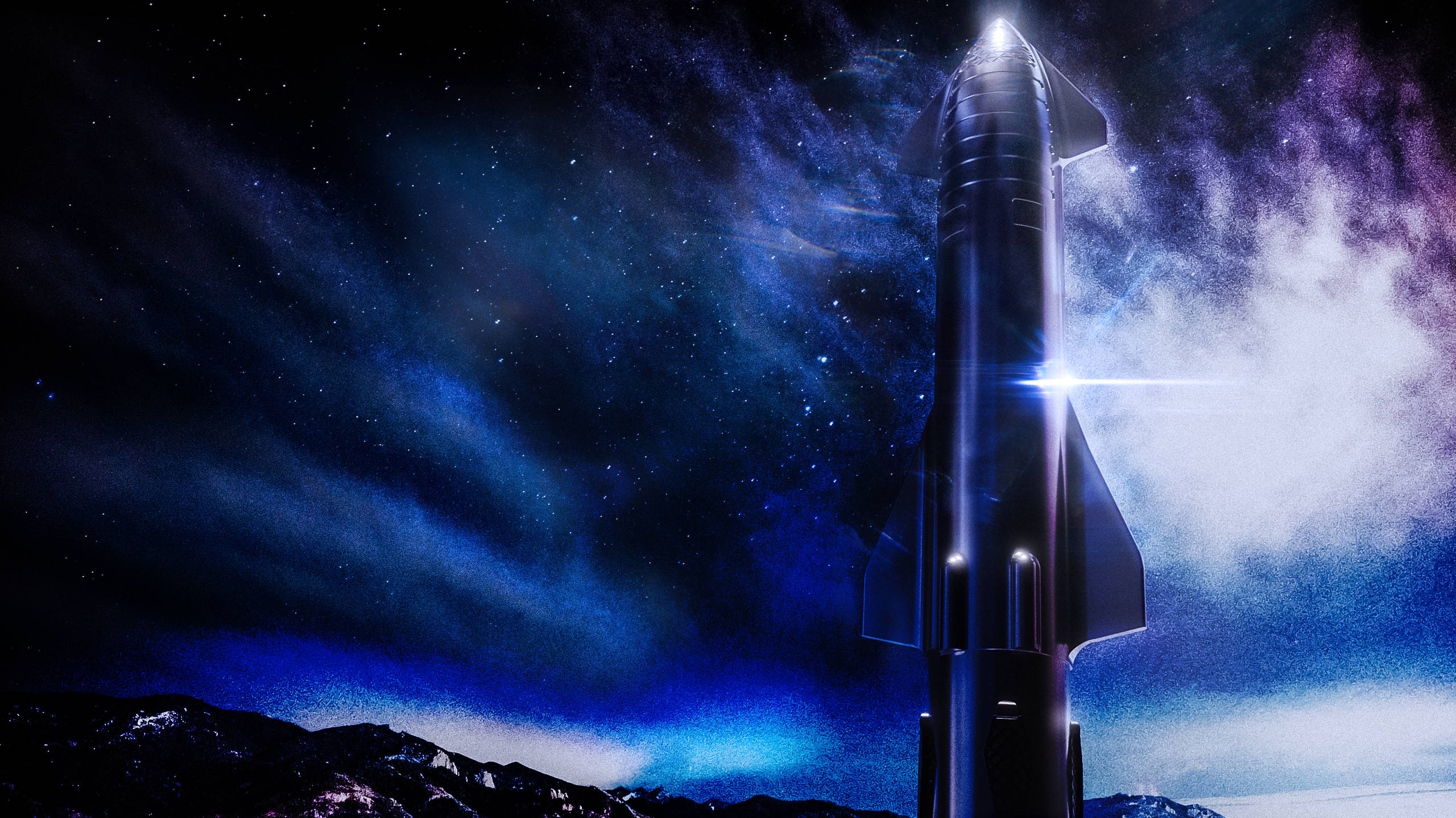 Spacex Starship 桌布 壁紙 — 一支流線型黑色火箭矗立在山頂上，背景是充滿宇宙雲層的璀璨星空夜空。