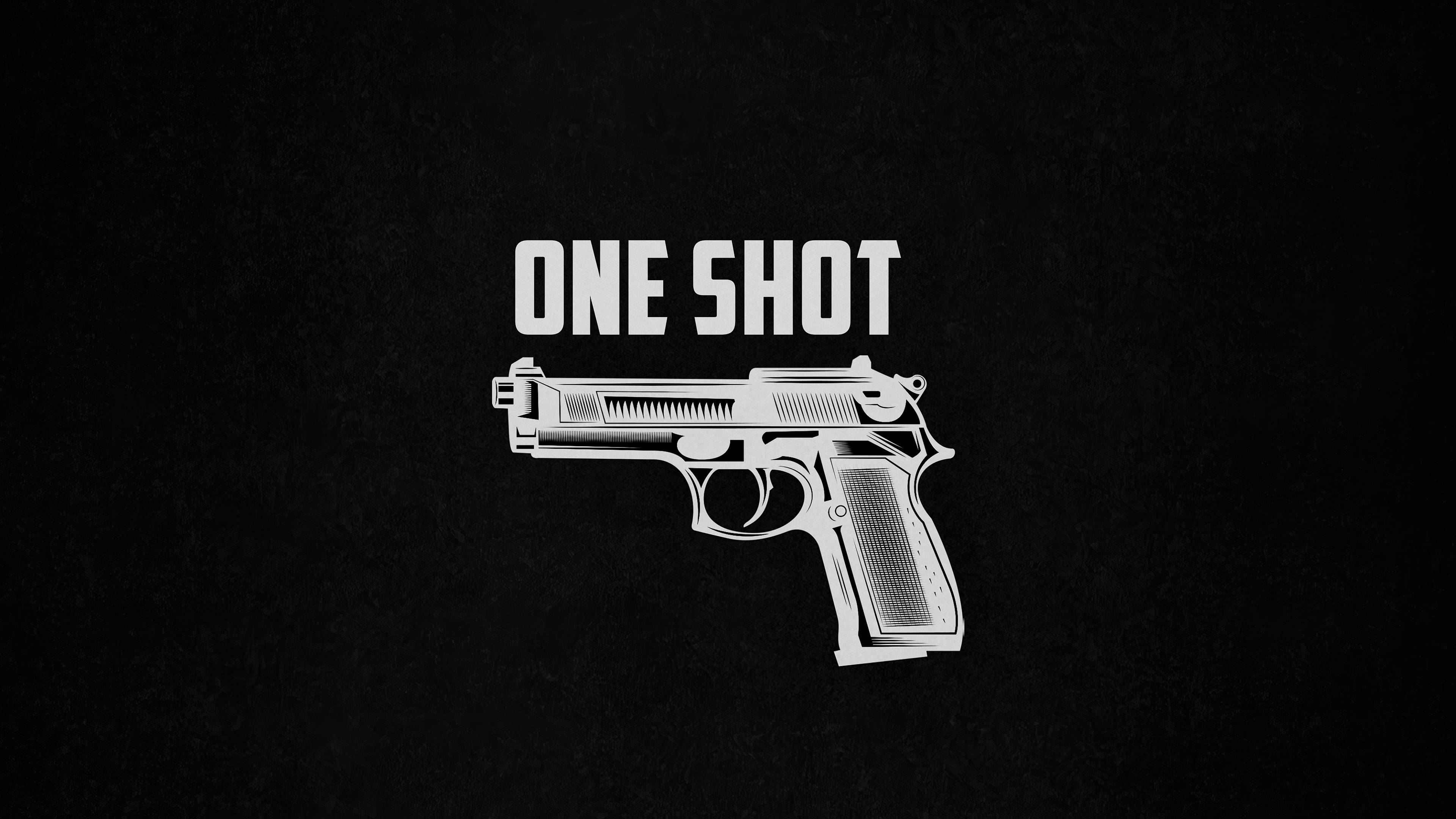 Shooting 桌布 壁紙 — 一支清晰的白色線條藝術手槍，居中位於粗體文字 'ONE SHOT' 下方，背景為紋理黑色。