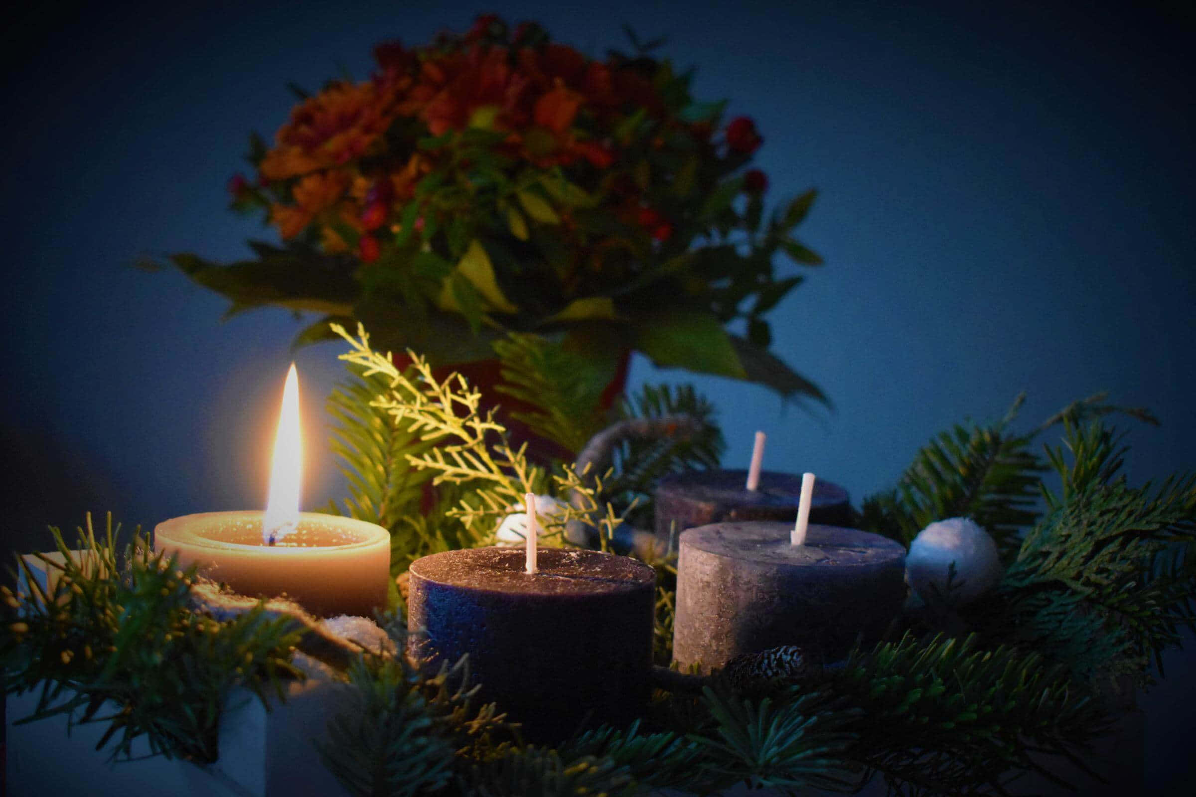 Advent 桌布 壁紙 — 一支溫暖的點燃蠟燭在深紫色蠟燭和常綠樹枝之間發光，背景是深藍色。
