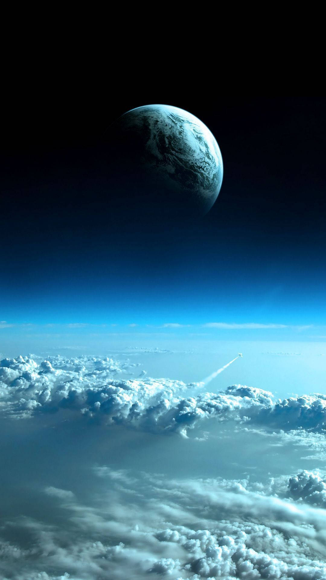 Screen 桌布 壁紙 — 一支火箭劃過蓬鬆的白雲，朝著懸浮在黑暗宇宙中的發光藍色行星飛去。