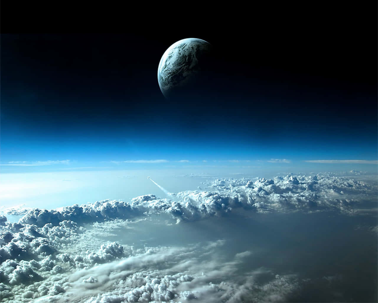 3d Space 桌布 壁紙 — 一支火箭穿過蓬鬆的白雲，衝向懸掛在黑暗宇宙中的遙遠藍色星球。