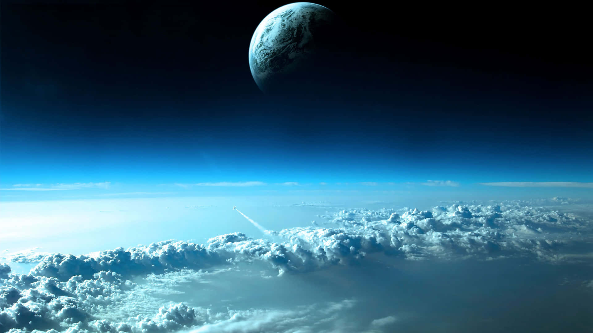 4K 桌布 桌布 壁紙 — 一支火箭穿過蓬鬆的雲層，朝向懸掛在黑暗宇宙中發光的藍色行星。