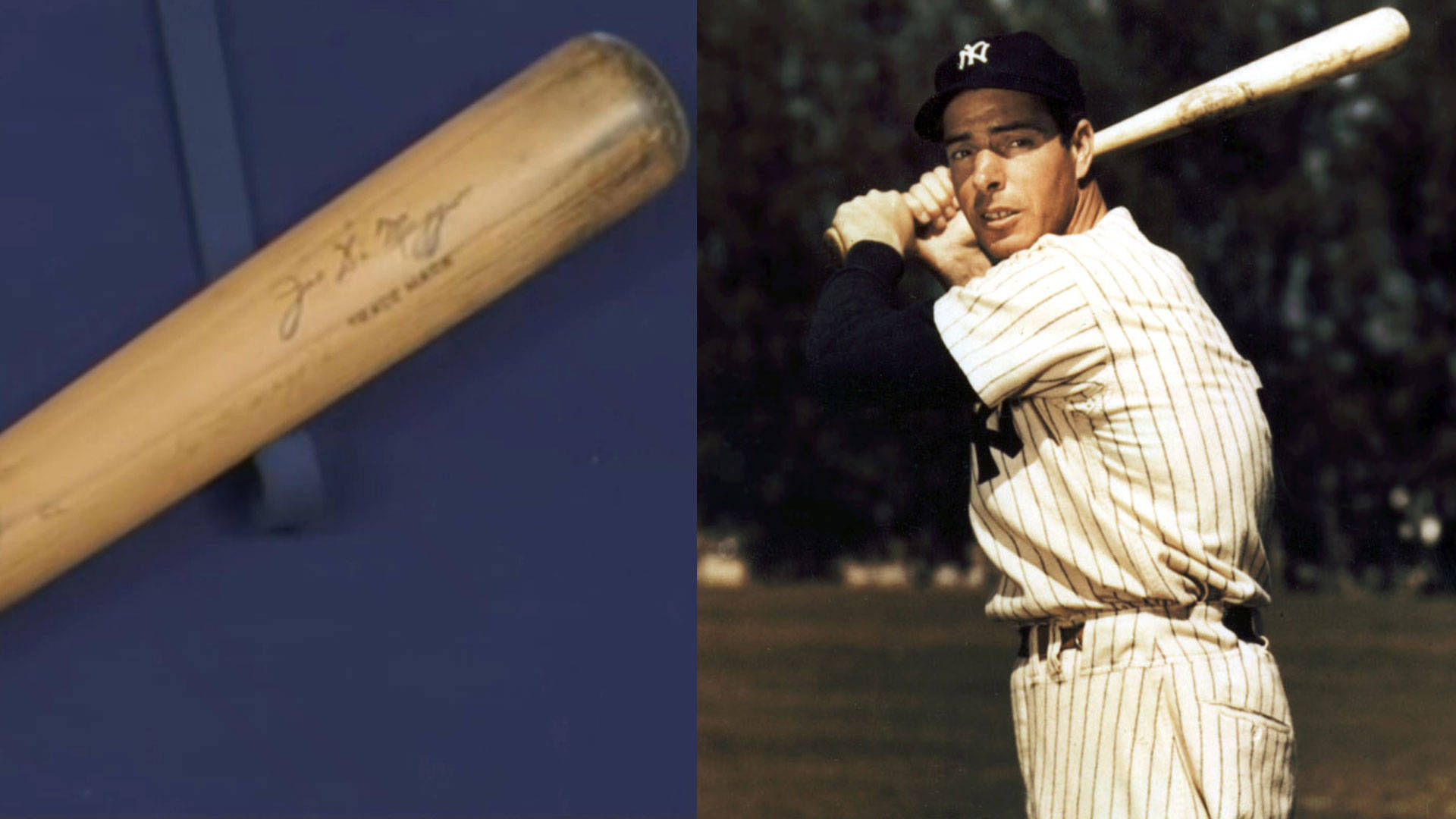 Joe Dimaggio 桌布 壁紙 — 一支由Joe DiMaggio簽名的復古棒球棒放在他穿著細條紋制服握著球棒的照片旁邊。
