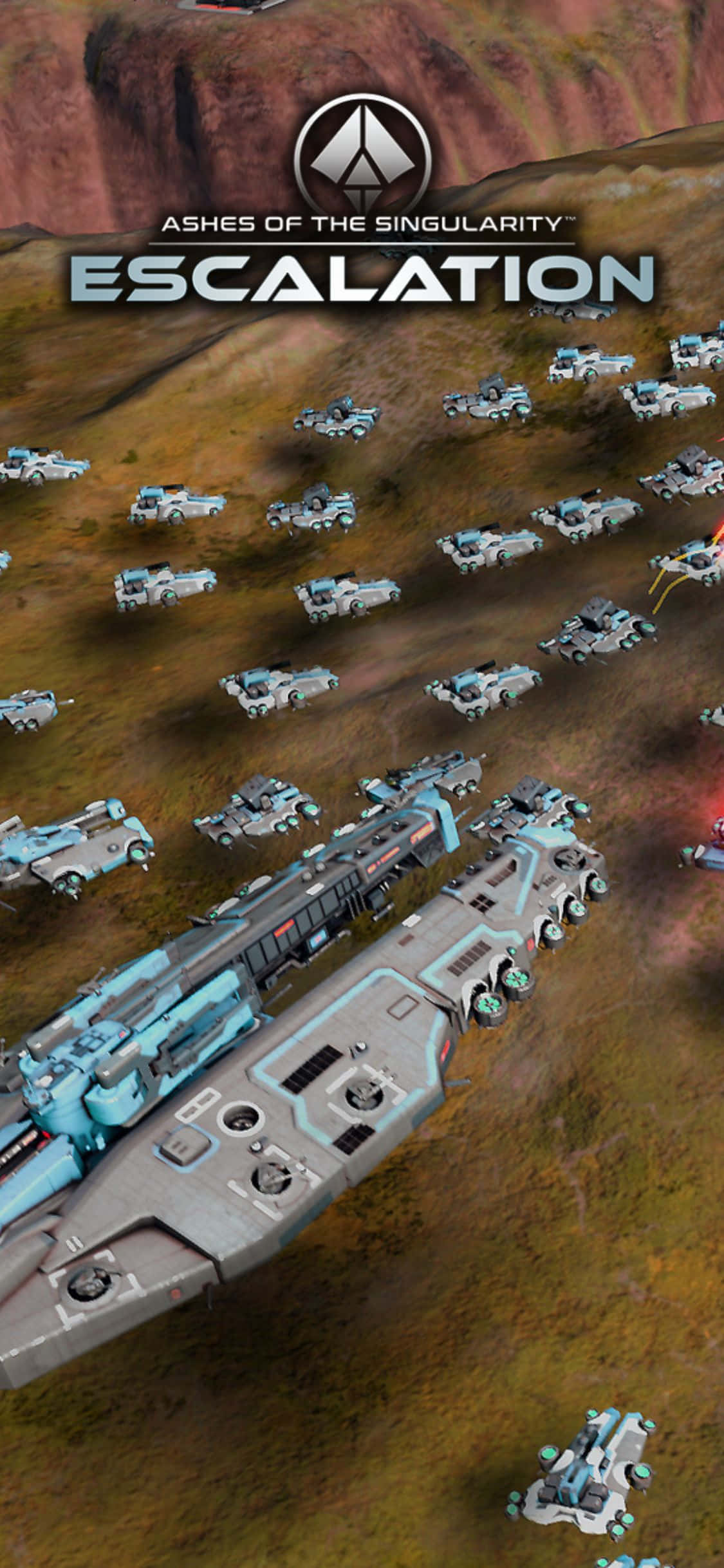 iPhone X Ashes Of The Singularity Escalation 桌布 壁紙 — 一支由未來藍灰色戰爭機器組成的艦隊，在晴朗的天空下，穿越荒蕪的紅褐色外星景觀。