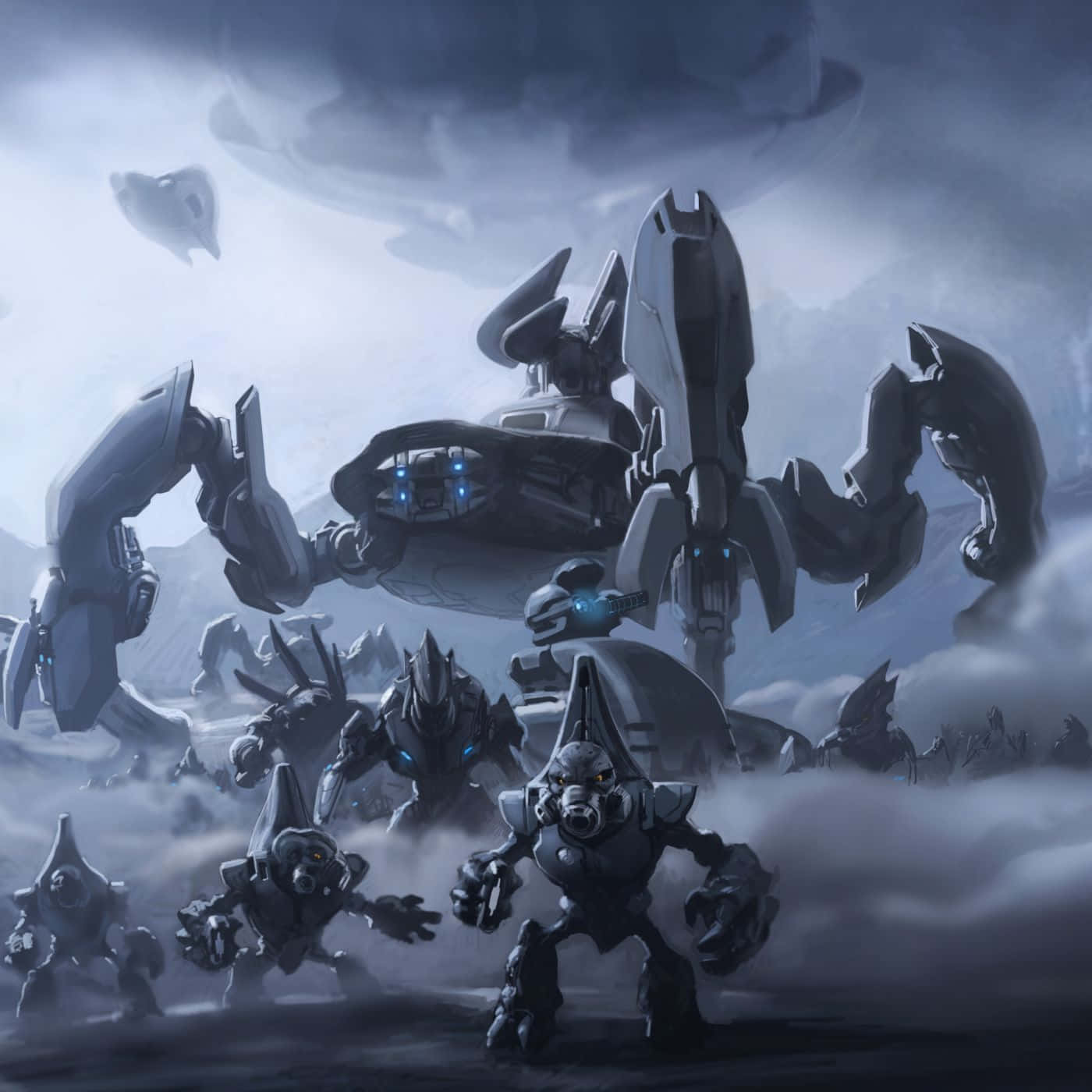 Halo Covenant 桌布 壁紙 — 一支由深灰色機械蠍子和戰士組成的威脅性軍隊，在陰沉天空下的暴風雨戰場上前進。