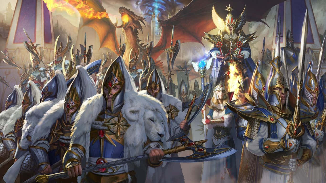 電玩遊戲 桌布 壁紙 — 一支由白色毛皮和發光武器的裝甲戰士組成的奇幻軍隊，在火焰巨龍和光芒四射的天使形象下行進。