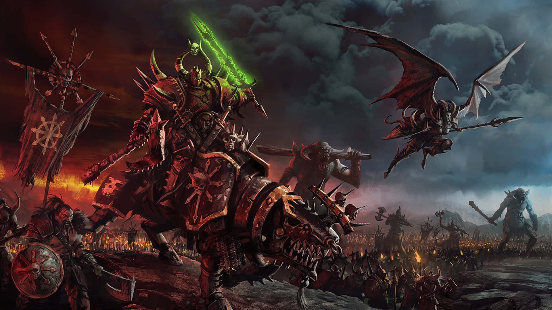 Best Total War Warhammer 桌布 壁紙 — 一支由綠劍戰將率領的黑暗奇幻軍隊，在風暴天空下與飛翔惡魔一同衝過戰場。