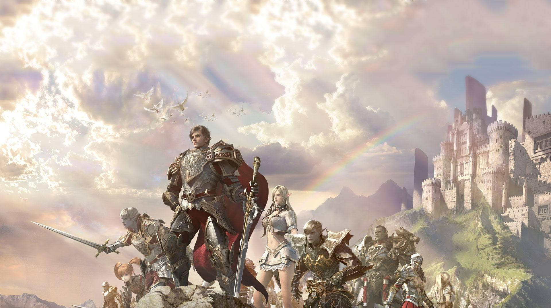 game 桌布 壁紙 — 一支由裝甲戰士和法師組成的奇幻軍隊站在懸崖頂上，俯瞰著一座城堡，天空烏雲密佈，帶有彩虹，氣氛戲劇化。