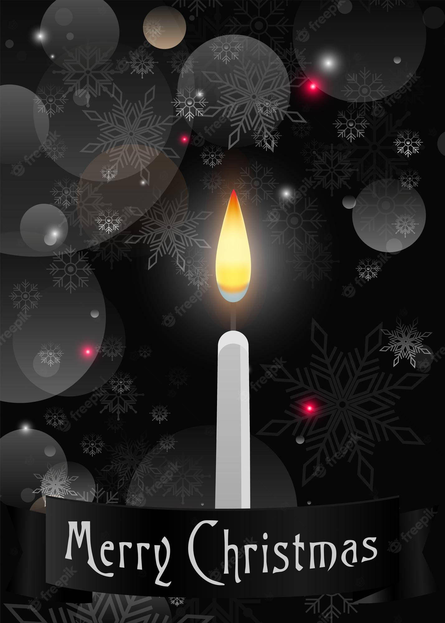 Gothic Christmas 桌布 壁紙 — 一支發光的白色蠟燭在裝飾著銀色雪花和節日紅燈的黑暗背景下閃爍。