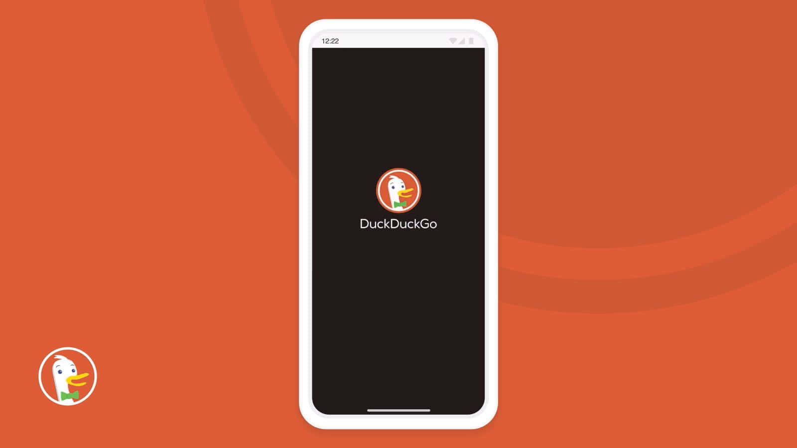 Duckduckgo 桌布 壁紙 — 一支白色智慧型手機在黑色螢幕上顯示DuckDuckGo應用程式標誌，背景為鮮豔的橙色，帶有微妙的曲線圖案。