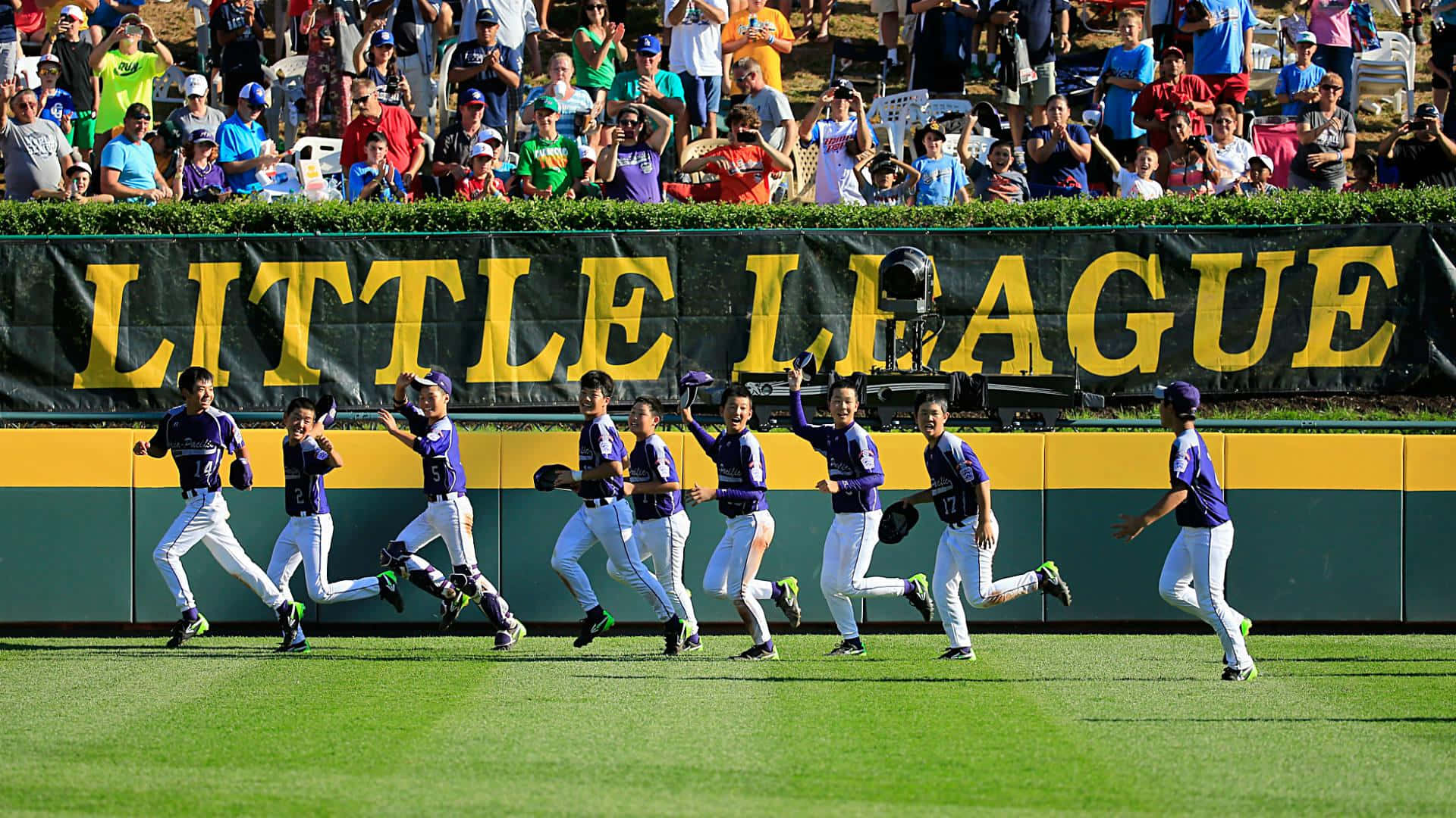 Little League Baseball 桌布 壁紙 — 一支穿著紫色制服的小聯盟棒球隊在陽光明媚的綠色場地上歡快地奔跑，橫幅後面有歡呼的觀眾。