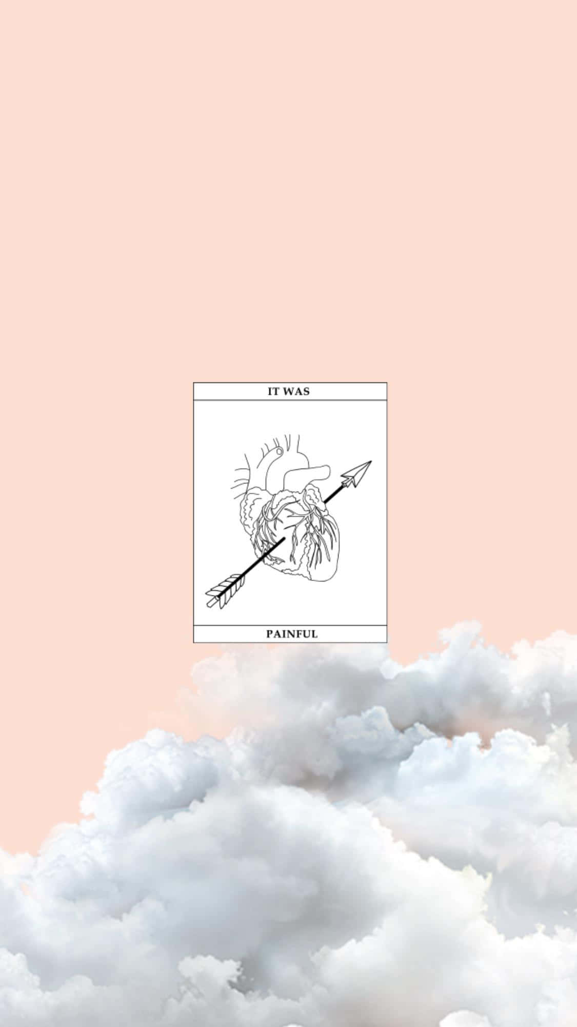 桌布 壁紙 — 一支箭穿過心臟的極簡線條畫，漂浮在 fluffy 雲朵之上，背景是柔和蜜桃色天空。