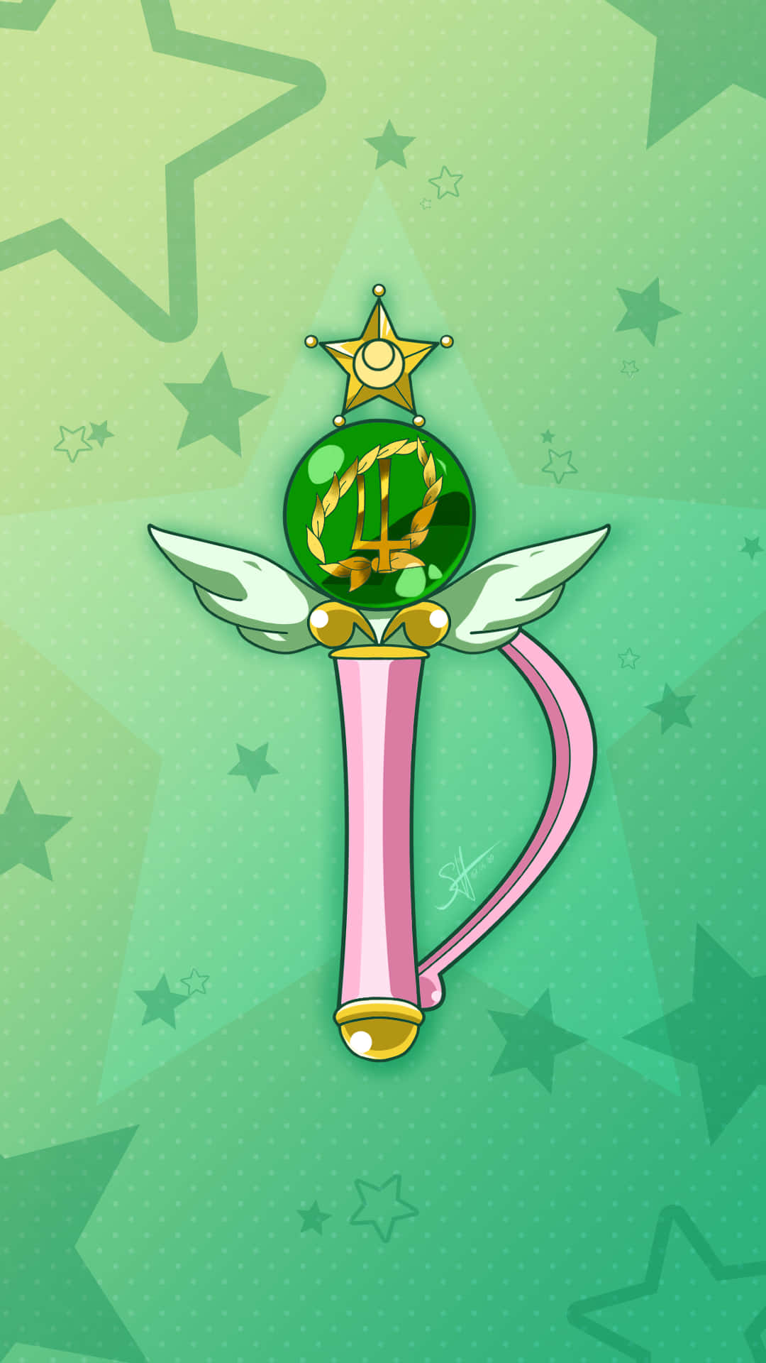 sailor jupiter 桌布 壁紙 — 一支粉紅色魔法棒，帶有翅膀和一個頂部有星星的綠色球體，漂浮在漸變綠色星空背景上。