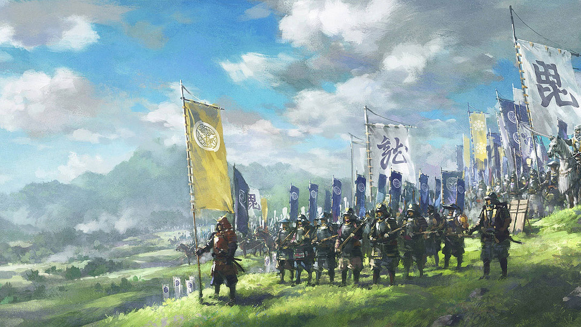 武士動畫 桌布 壁紙 — 一支紀律嚴明的武士軍隊在陽光照耀的山坡上，在色彩繽紛的旗幟下，以多雲的天空為背景行進。