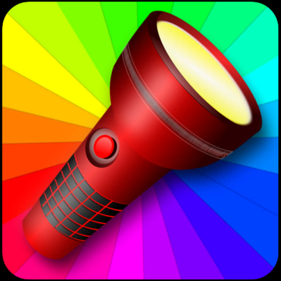 Flashlight 桌布 壁紙 — 一支紅色手電筒發出閃爍的黃色光束，照射在充滿活力的彩虹放射背景上。