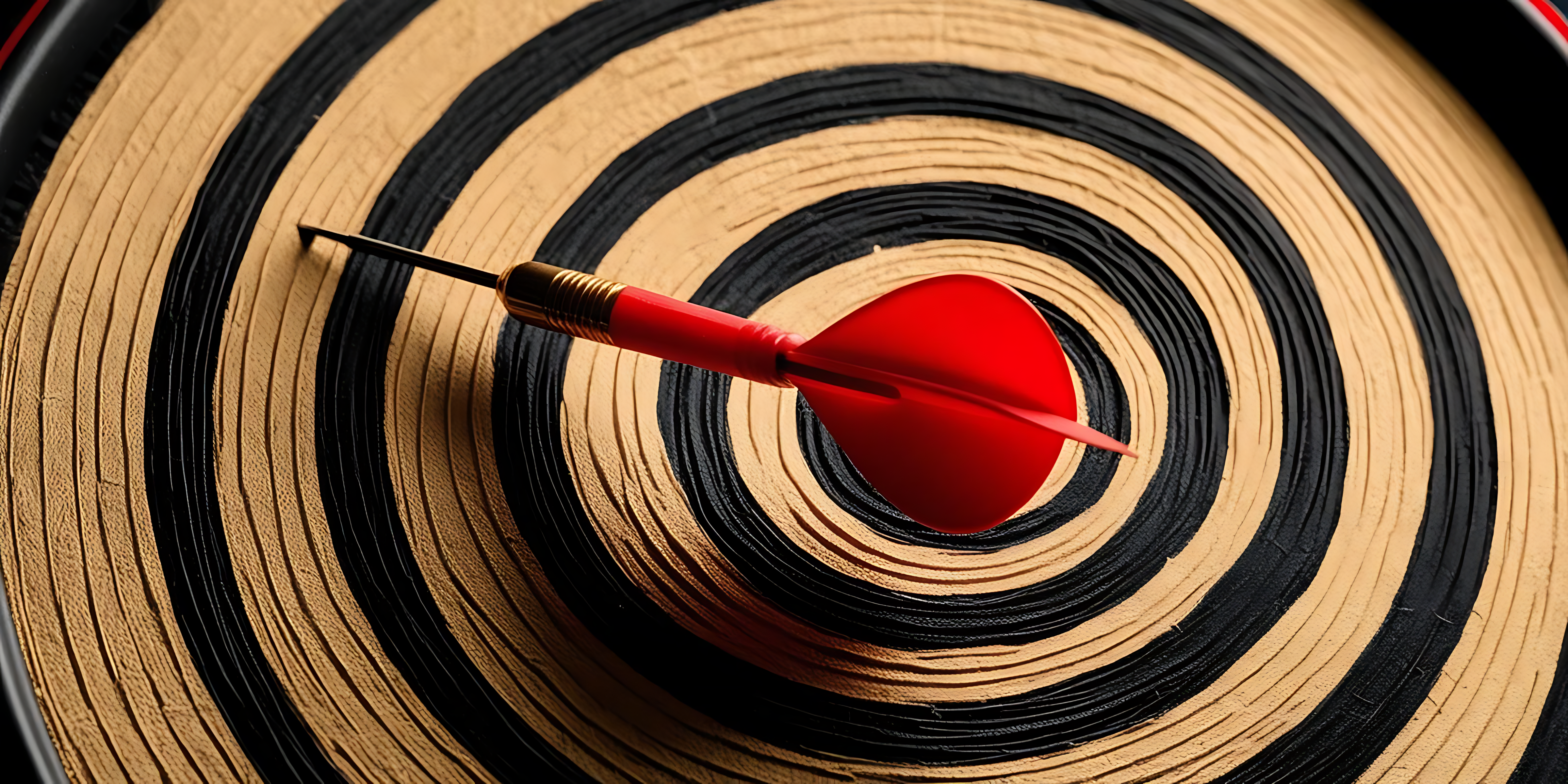 Dartboard 桌布 壁紙 — 一支紅色飛鏢帶金色鏢桿刺穿黑色和棕褐色同心圓飛鏢靶的中心。