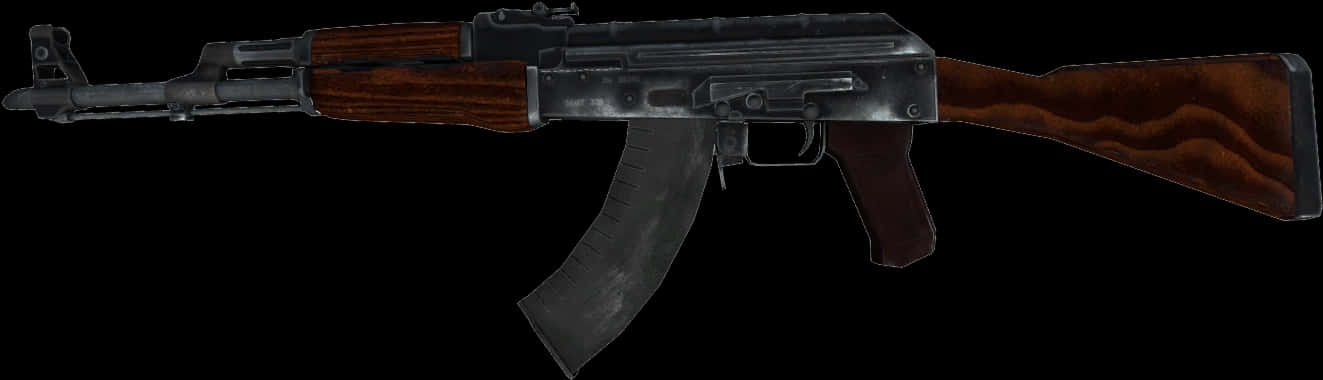 Rifle 桌布 壁紙 — 一支細節豐富的AK-47步槍，配有木製槍托和金屬部件，在黑色背景上展示。