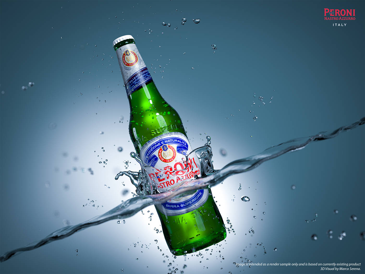 Beer 桌布 壁紙 — 一支綠色 Peroni Nastro Azzurro 啤酒瓶在清澈的水中戲劇性地飛濺，背景是清涼的藍色漸變。