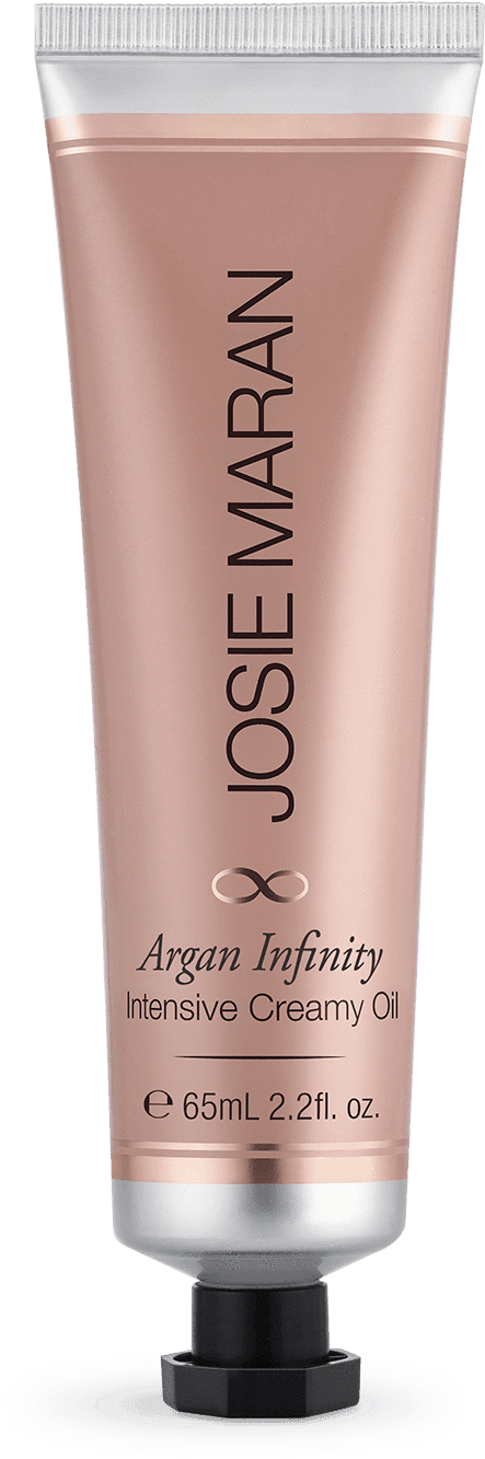 Cosmetics Products 桌布 壁紙 — 一支纖細的玫瑰金色 Josie Maran Argan Infinity Intensive Creamy Oil 管子豎立在純黑色背景前。
