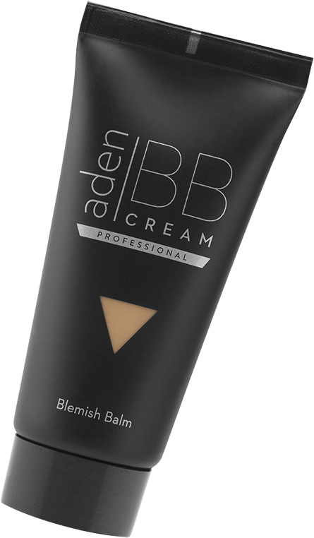 Skincare 桌布 壁紙 — 一支纖細的黑色aden BB Cream Professional Blemish Balm管，帶有米色試色，傾斜放置在純白色背景上。