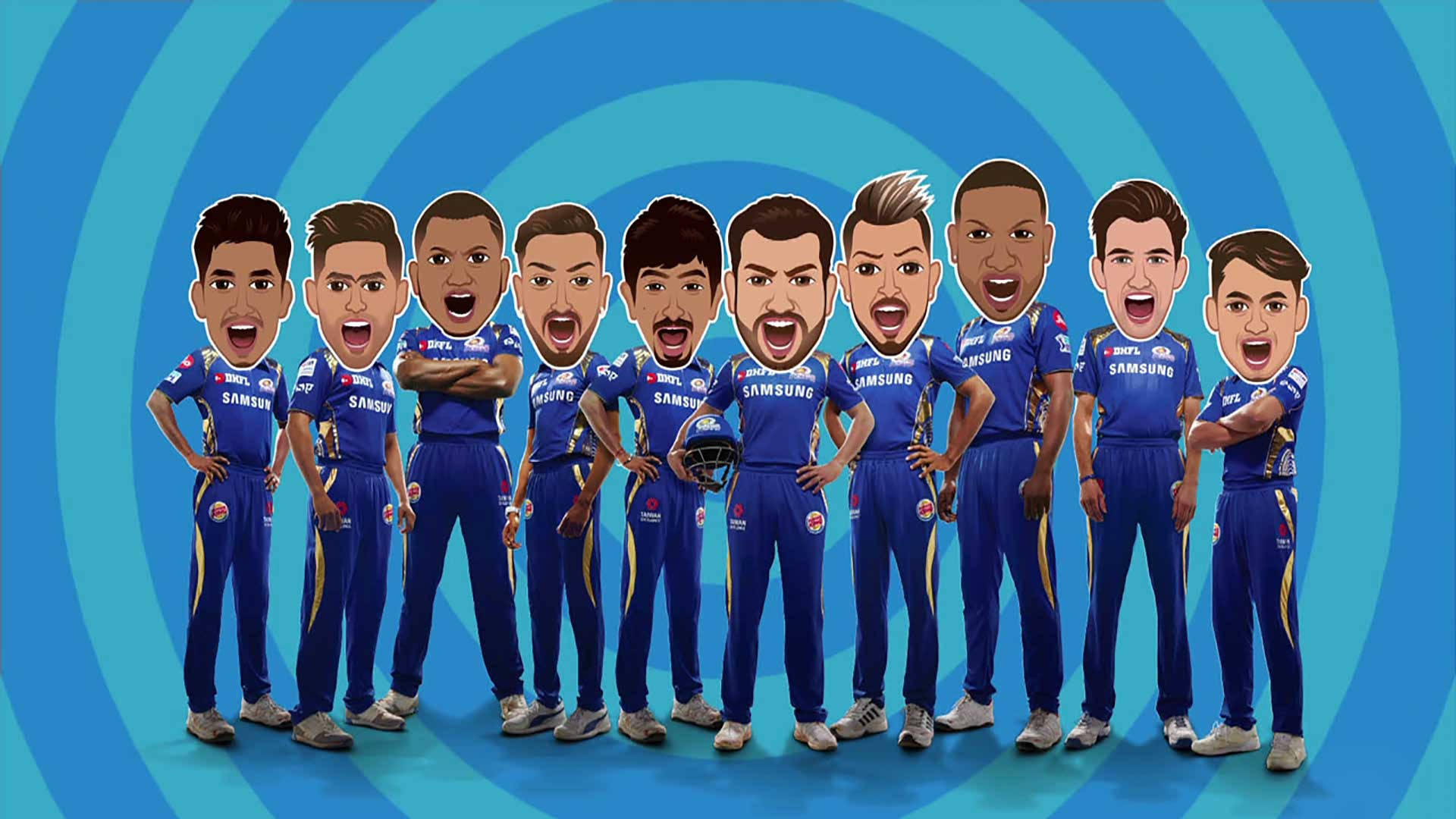 Mumbai Indians 桌布 壁紙 — 一支身穿藍色隊服的卡通風格板球隊，在旋轉的藍色背景前自信地擺姿勢。