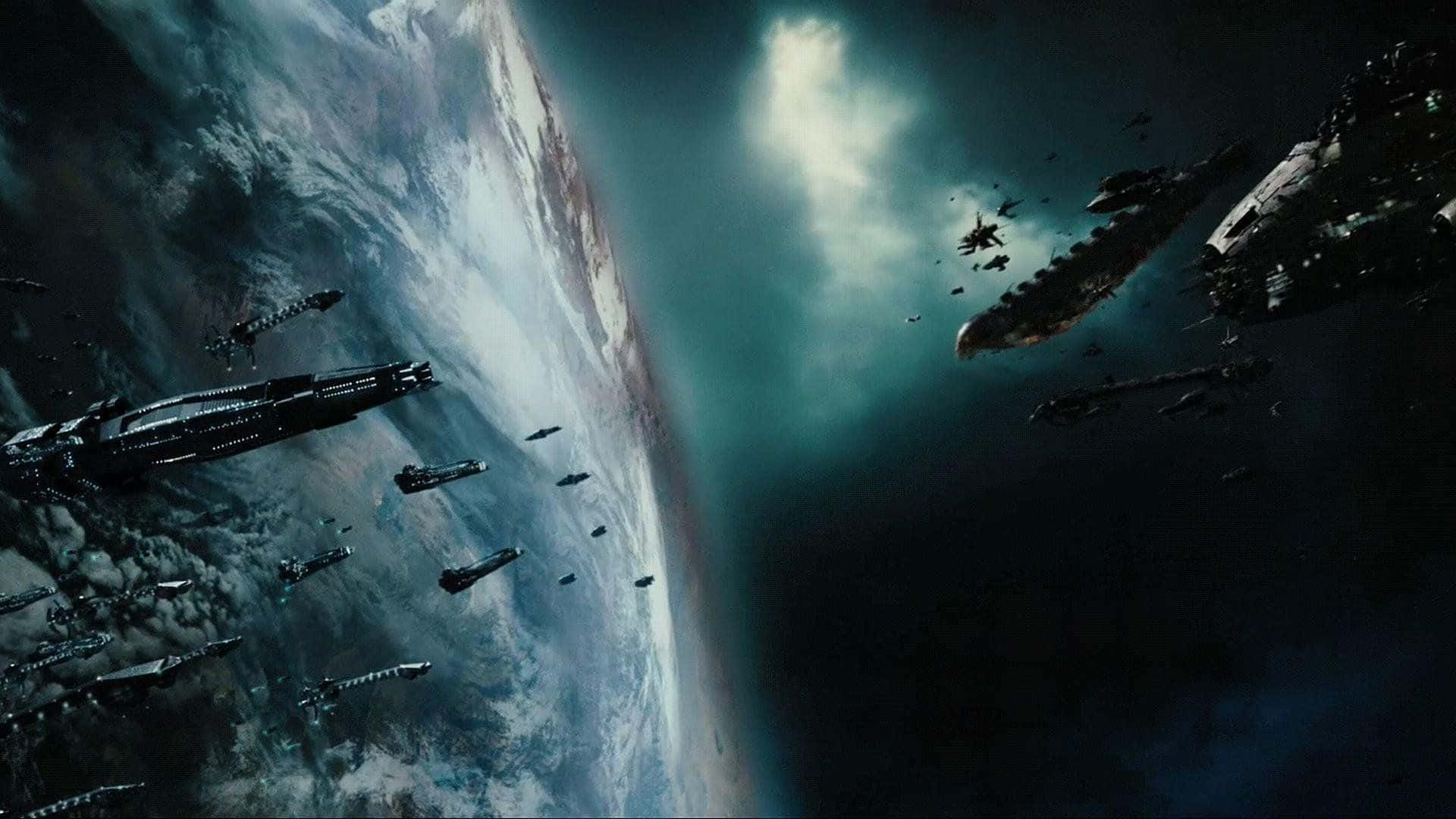 桌布 壁紙 — 一支軍艦艦隊在黑暗的宇宙虛空中，於一個旋轉的藍白行星上空作戰。