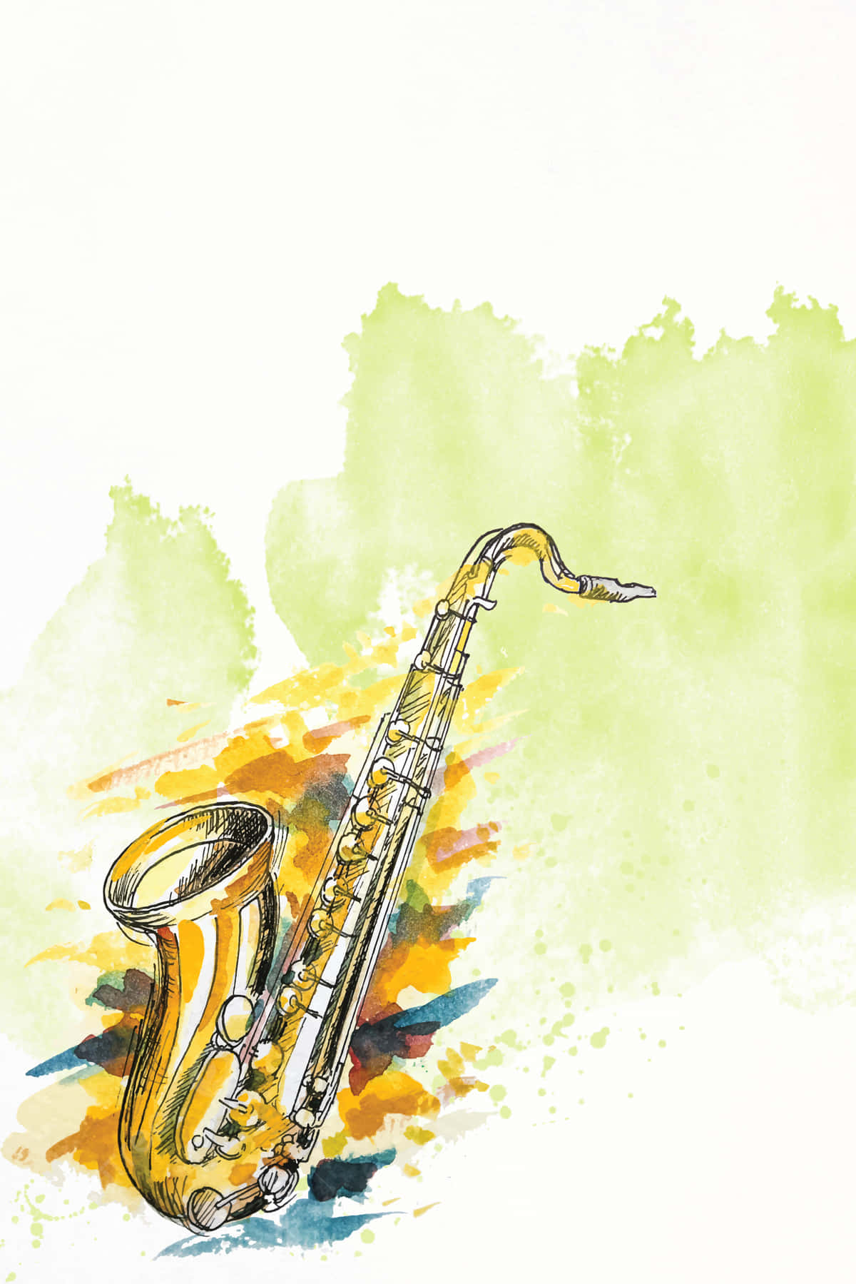 Saxophone 桌布 壁紙 — 一支金色薩克斯風矗立在充滿活力的綠色、黃色和藍色水彩潑濺背景前。