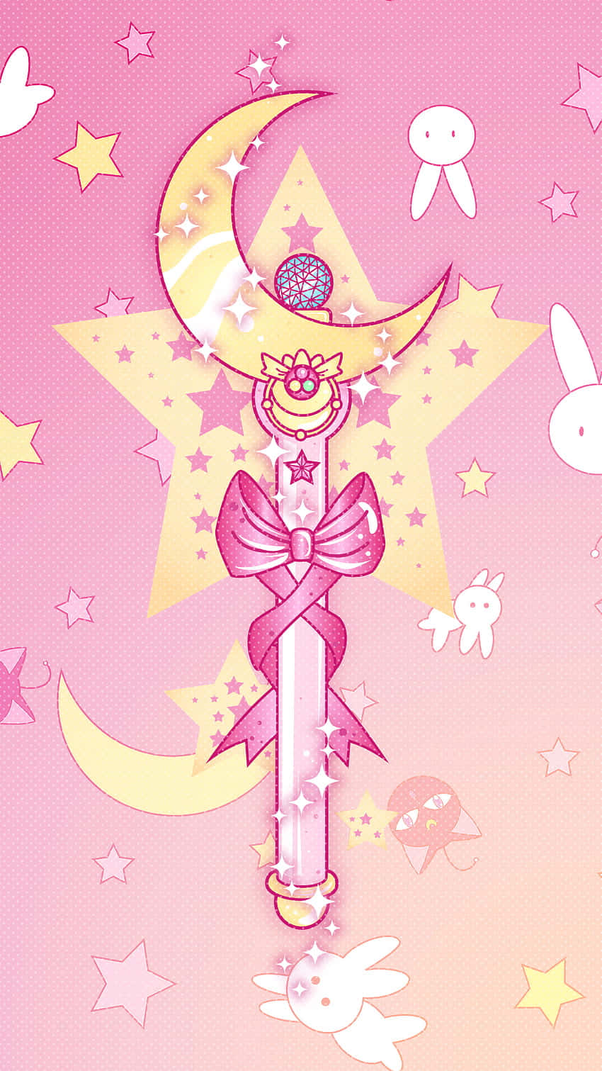 美少女戰士 桌布 壁紙 — 一支閃閃發光的粉紅色魔法棒，頂端有新月和星星裝飾，漂浮在飄浮的星星和兔子角色之間，背景是粉紅色漸層。