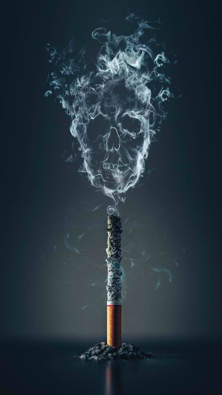 Coolest 桌布 壁紙 — 一支香煙在冒煙，煙霧在深色漸變背景上形成一個令人毛骨悚然的頭骨。