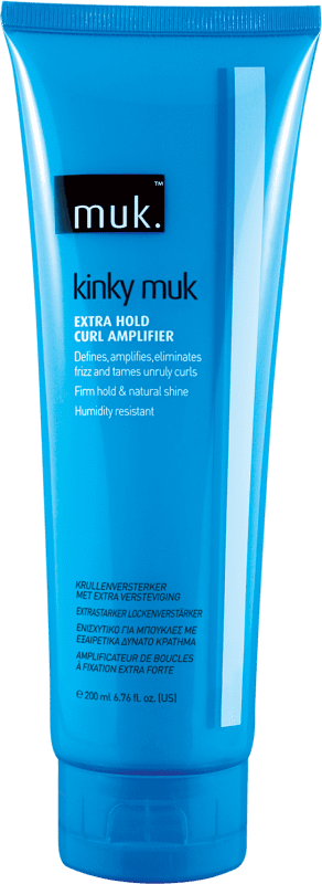 Cosmetics 桌布 壁紙 — 一支鮮藍色的muk kinky muk extra hold curl amplifier管狀產品，置於純綠色背景前。