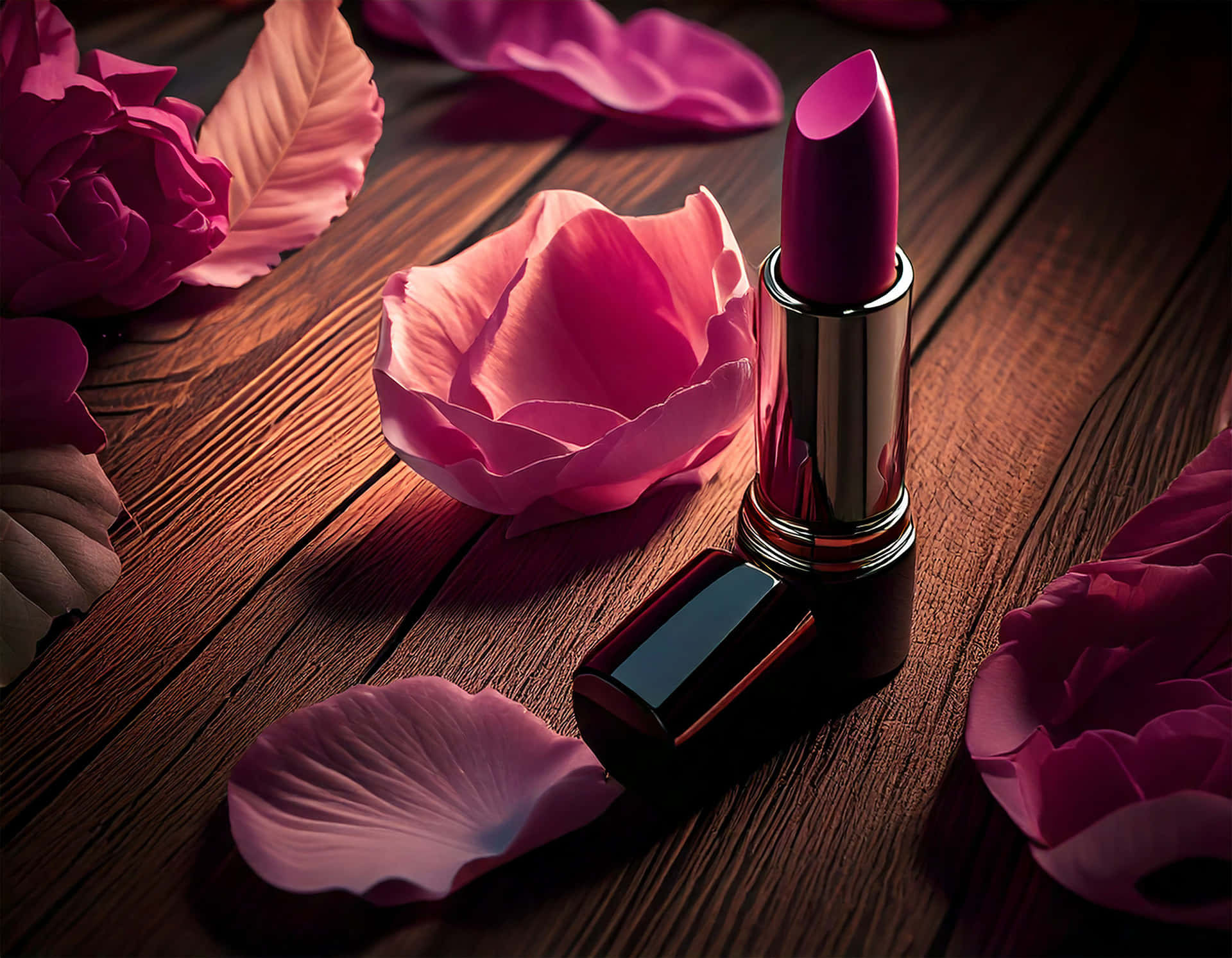 Lipstick 壁紙 — 一支鮮豔的洋紅色唇膏打開著，放在柔和的粉紅玫瑰和散落的花瓣旁邊，置於豐富的木質表面上。
