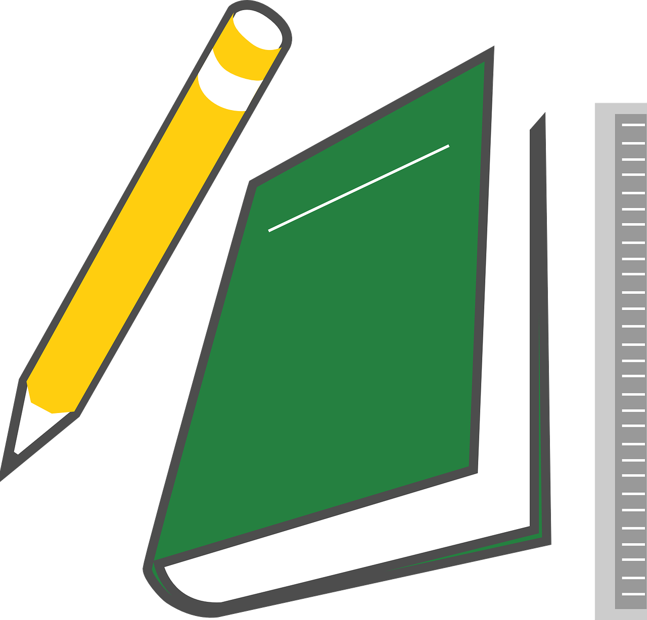 Books Clipart 桌布 壁紙 — 一支黃色鉛筆、綠色筆記本和灰色直尺整齊排列在黑色背景上。
