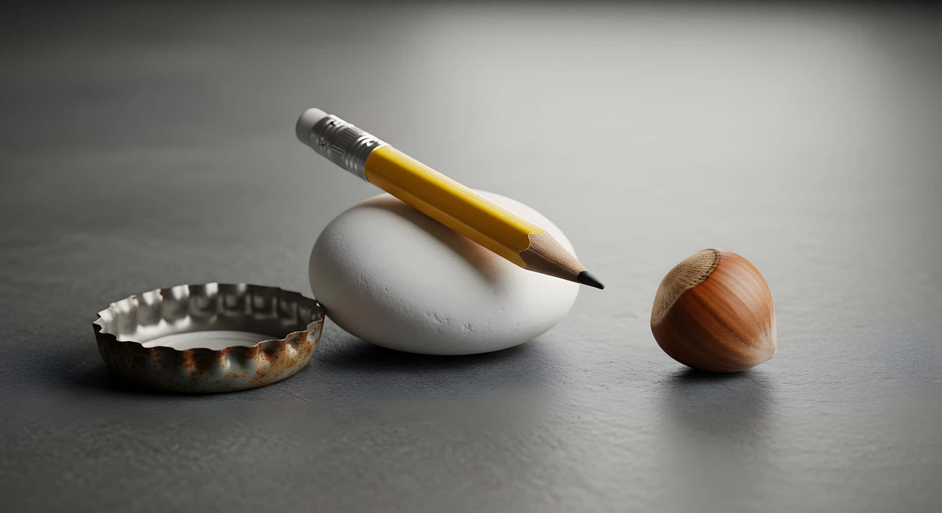 Pencil Stone Composition minimalist still life featuring a white rock 壁紙 — 一支黃色鉛筆放在一顆白色雞蛋上，旁邊有一個生鏽的瓶蓋和一顆榛果，位於灰色表面上。