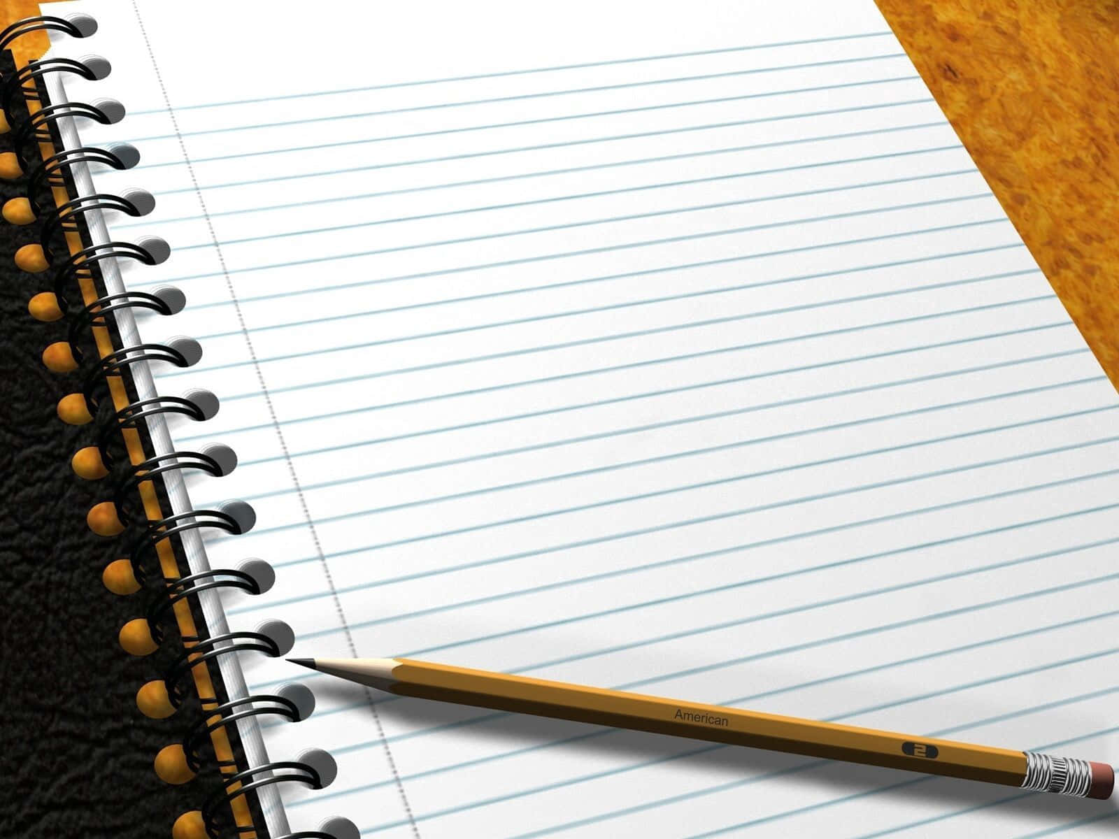 Notebook 桌布 壁紙 — 一支黃色鉛筆斜放在空白橫線筆記本紙上，背景有螺旋裝訂和紋理木質表面。