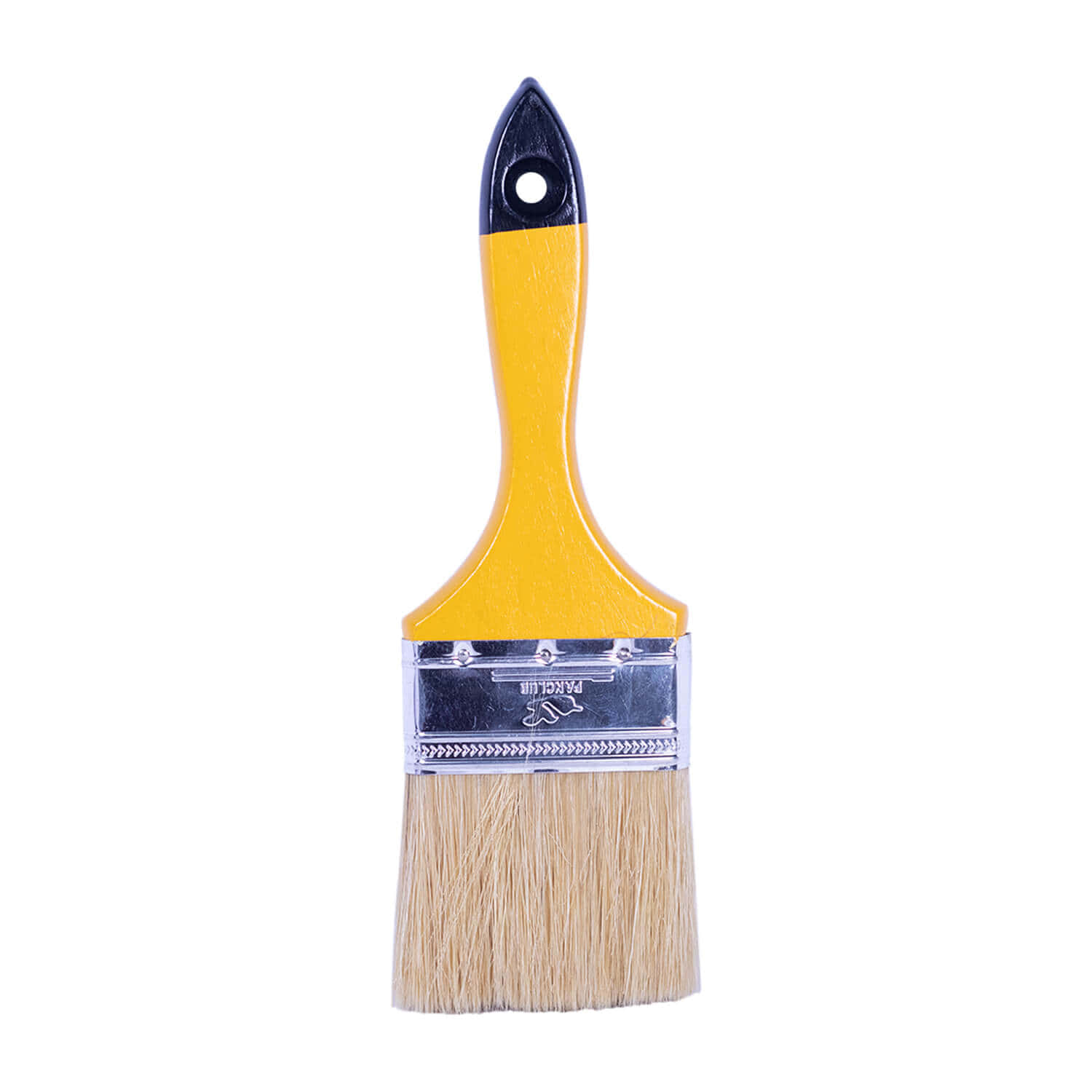 Paint Brush 桌布 壁紙 — 一支黃黑相間、天然刷毛的油漆刷，直立於潔白背景上。