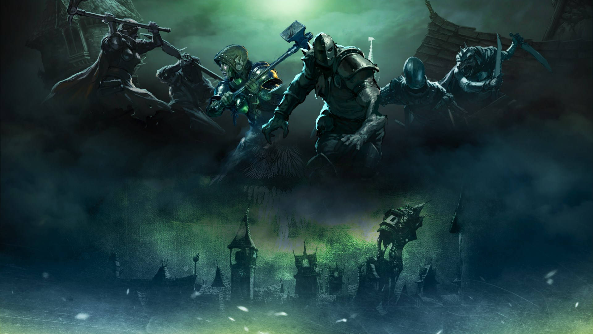 mordheim city of the damned 桌布 壁紙 — 一支黑暗奇幻的裝甲戰士軍隊，手持發光武器，在詭異的綠色迷霧中，越過一座 crumbling 城堡的輪廓前進。