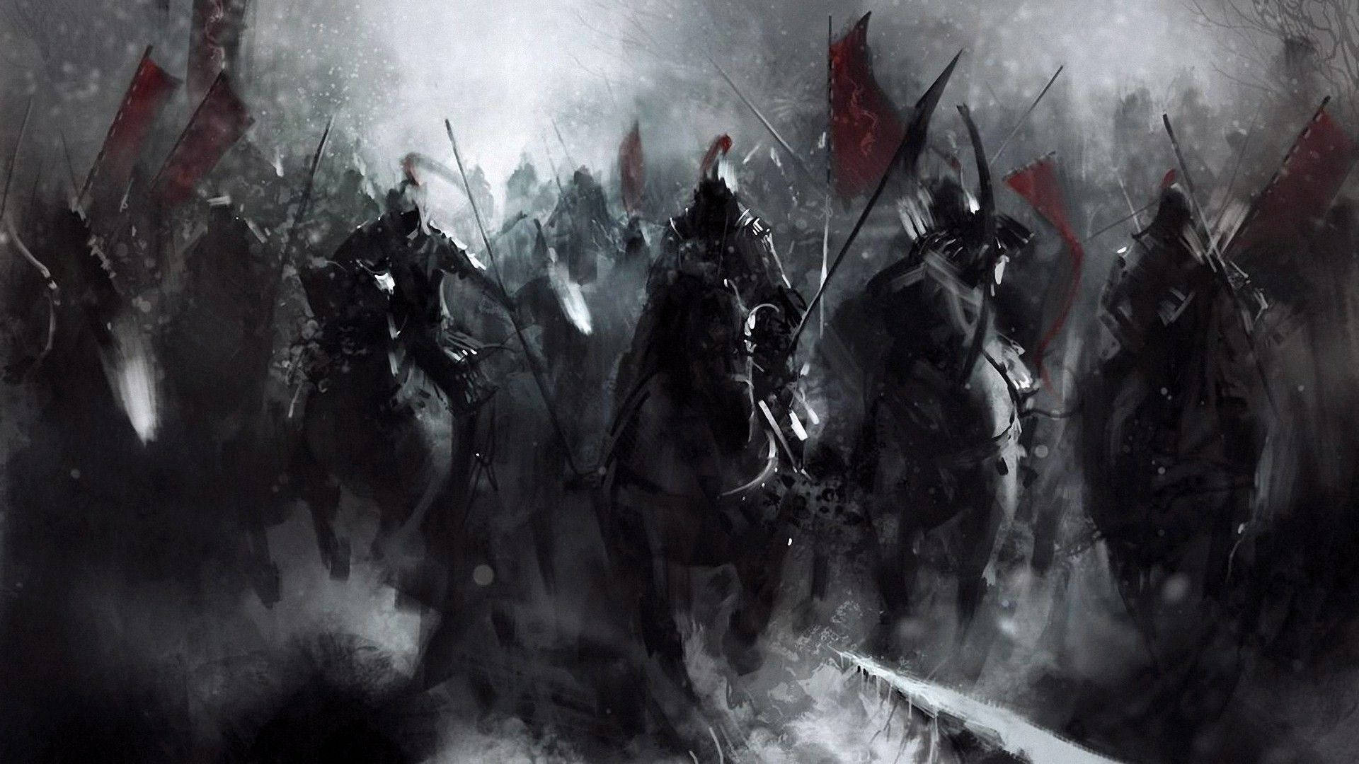 戰爭動圖 桌布 壁紙 — 一支黑暗奇幻的裝甲騎士騎兵部隊，在暴風雪的天空下，揮舞紅色旗幟，衝過雪地戰場。