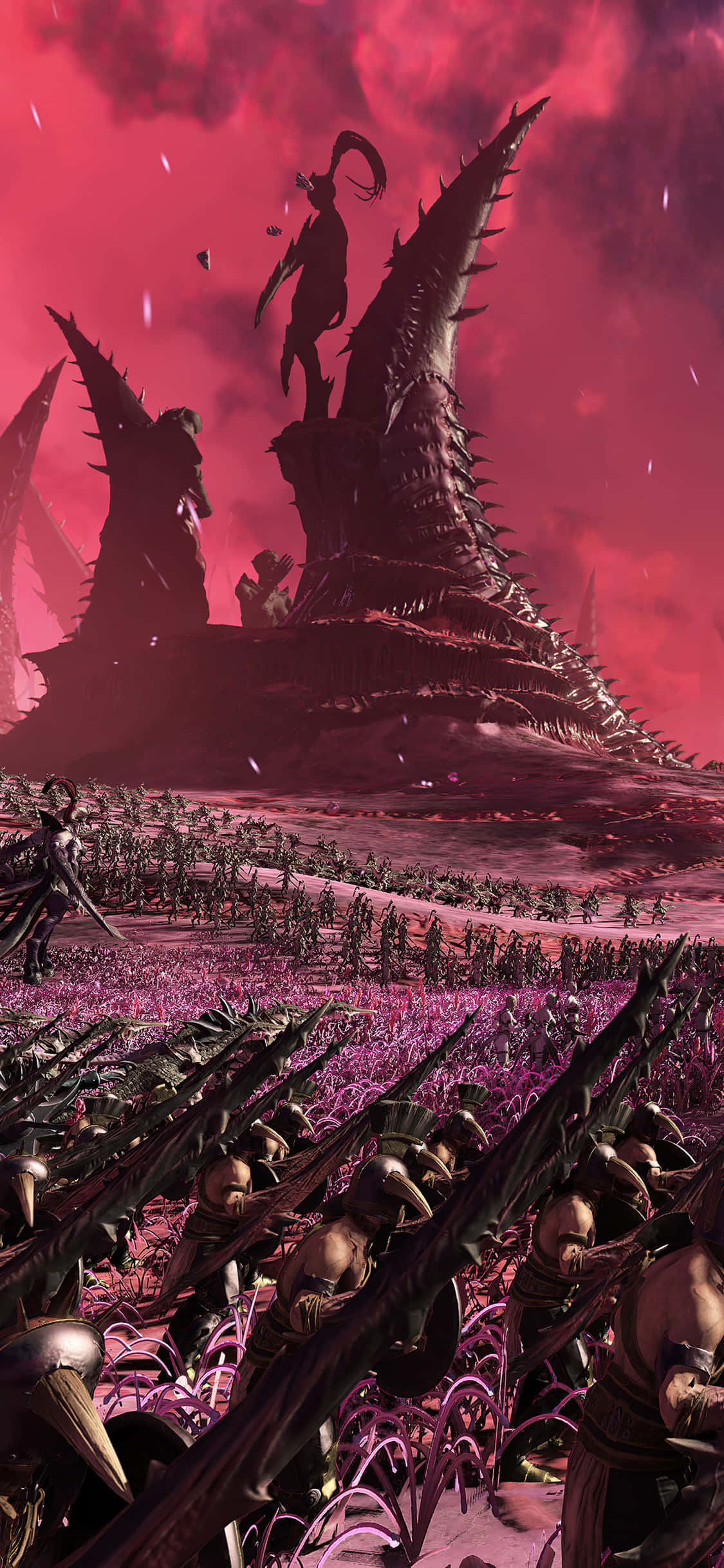 iPhone X Total War Warhammer 桌布 壁紙 — 一支黑暗奇幻軍隊在血紅天空下行進，朝向一個帶刺的王座，一名孤獨的戰士站在崎嶇的山頂上。