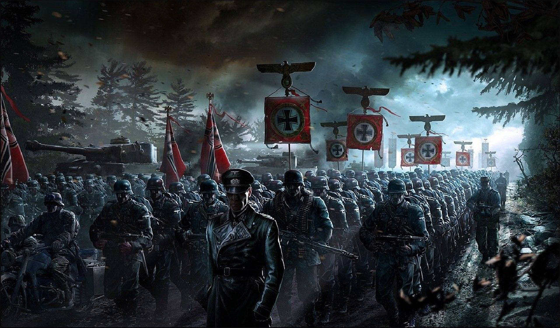 Ww2 桌布 壁紙 — 一支黑暗的電影式軍隊在暴風雨的天空下穿過森林，帶著坦克和帶有卐字的旗幟。