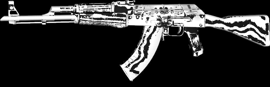 Weapons 桌布 壁紙 — 一支黑白風格化的AK-47步槍，帶有斑馬條紋圖案，背景為純黑色。