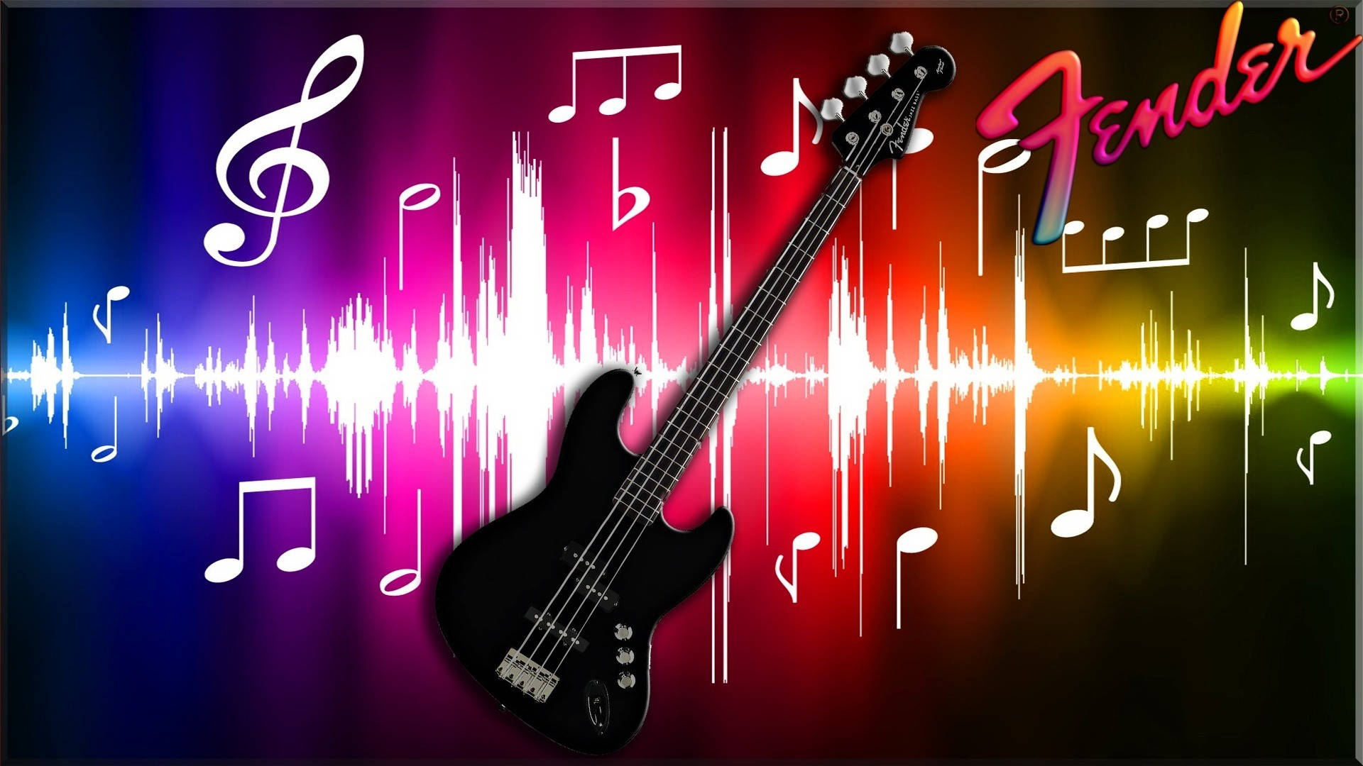 sound wave 桌布 壁紙 — 一支黑色Fender低音吉他漂浮在浮動音符和充滿活力的彩虹聲波背景中。