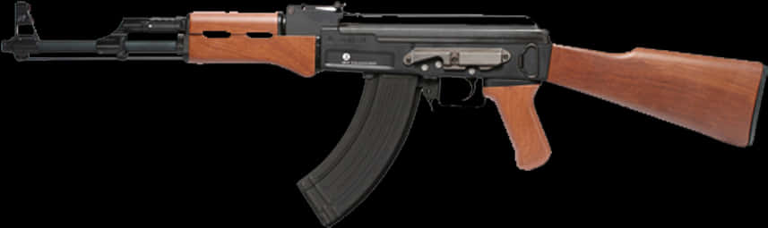 Rifle 桌布 壁紙 — 一支黑色和木質的AK-47步槍，在純黑色背景上以銳利焦點和攝影棚燈光孤立呈現。